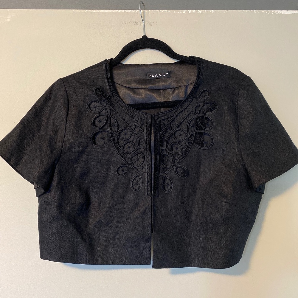 Linen cropped jacket Size 10 Embroidered Floral Open Front Topper